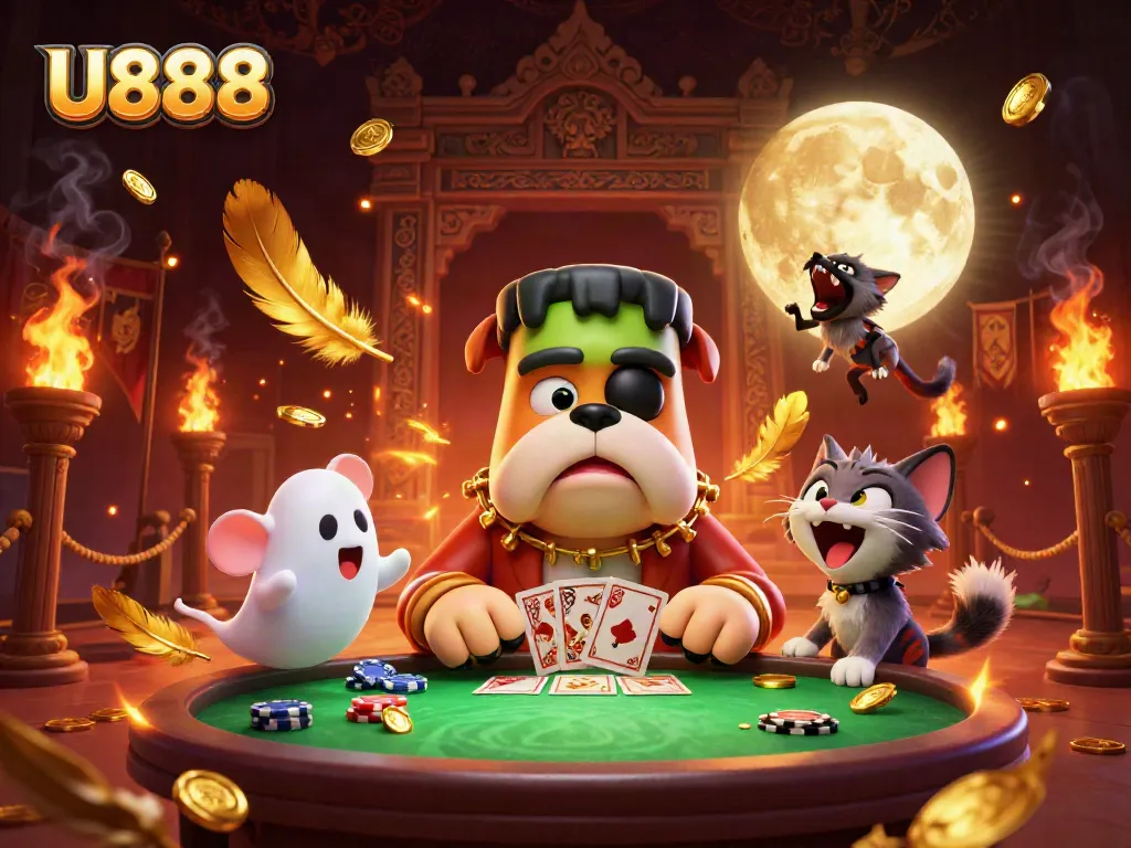 Experience thrilling card games at U888 with a playful Frankenstein bulldog and mystical elements.