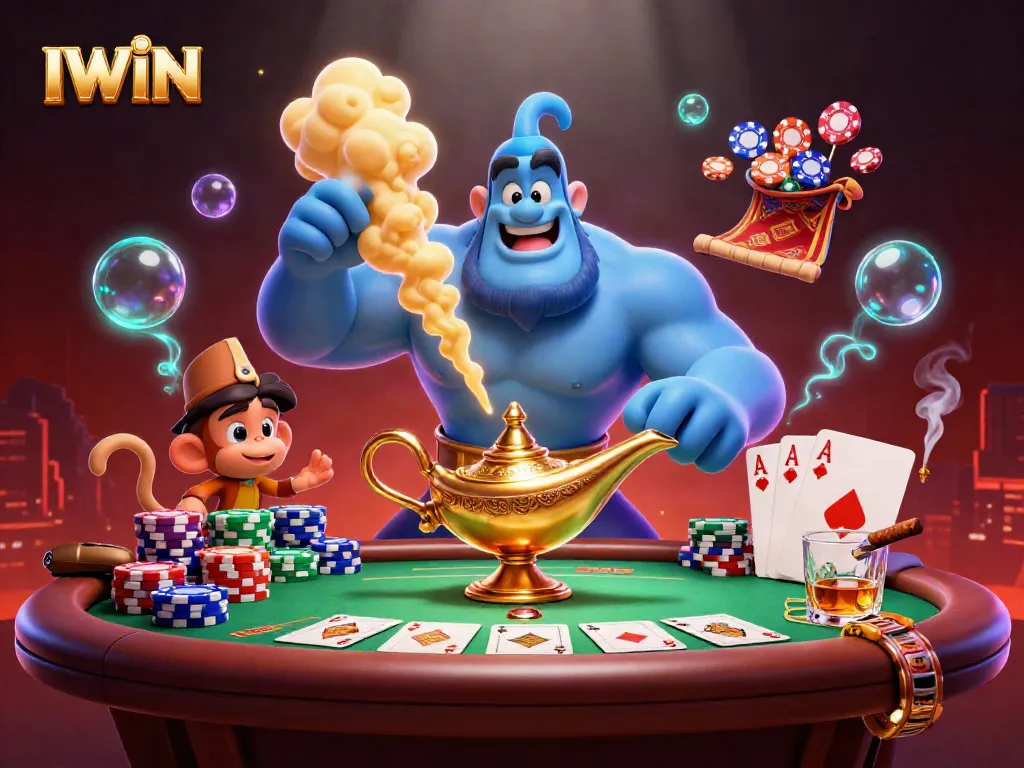 IWIN casino features a lively scene with a muscular genie, monkey, and poker chips, enhancing your gaming experience.