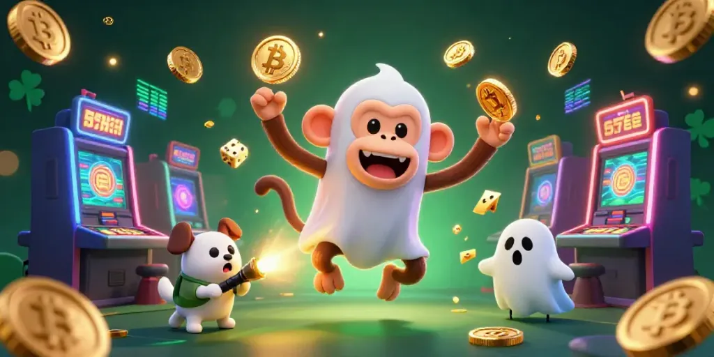 Engage with an energetic scene of sao789's poltergeist monkey juggling coins, set in a lively casino atmosphere.
