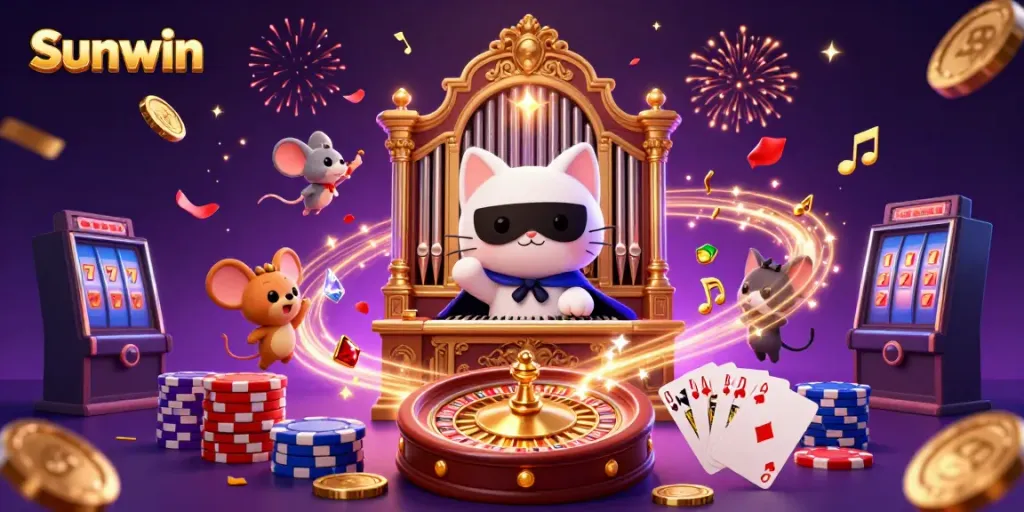 Experience the magic of Sunwin with a 3D illustration of a casino fantasy scene featuring vibrant characters and dynamic game elements.