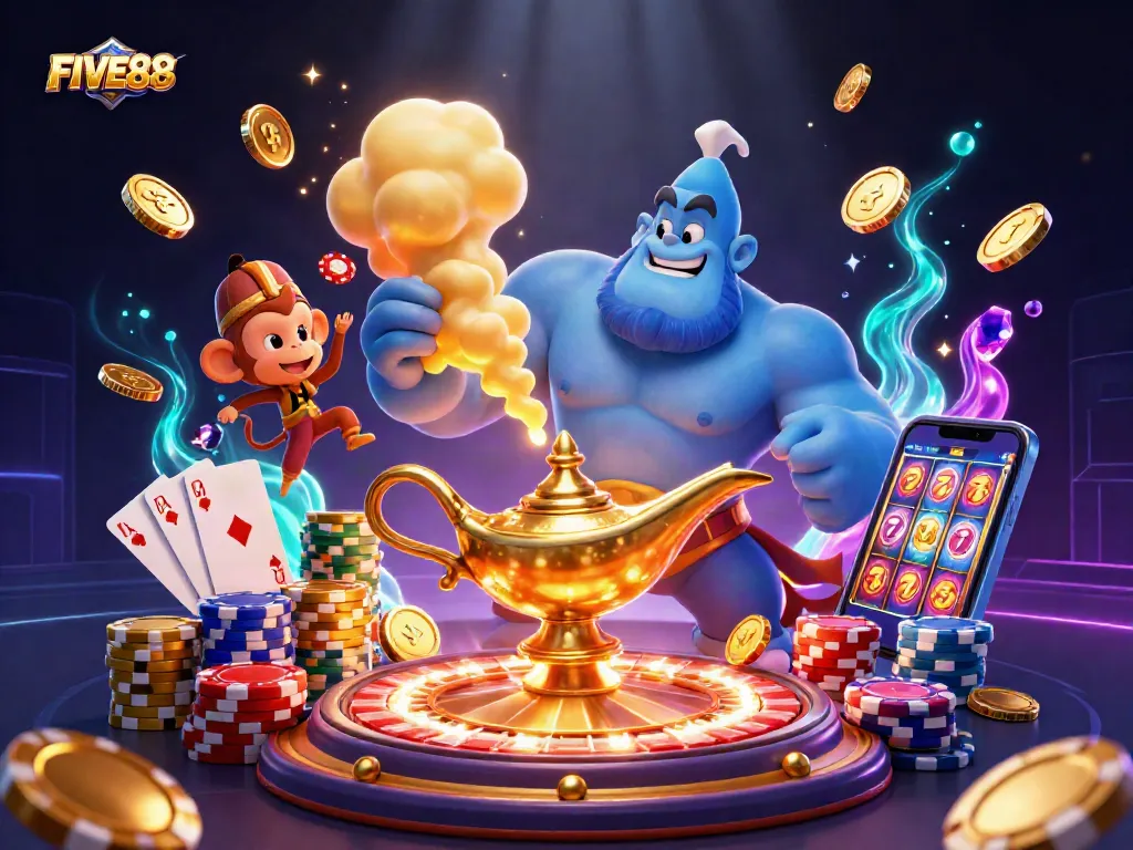Experience the excitement of FIVE88 casino with a magical genie, poker chips, and golden treasures.