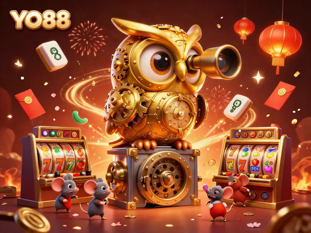 Experience the thrill of YO88 as a whimsical golden owl and vibrant characters animate a lively casino scene.