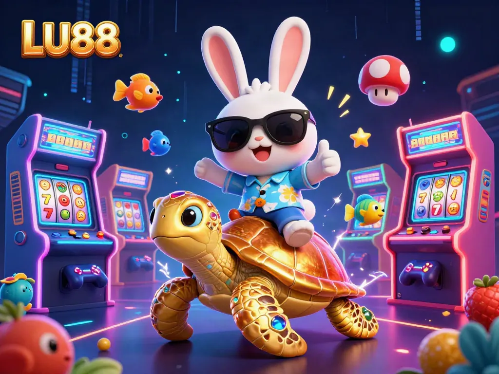 LU88 showcases vibrant gaming adventure with a lucky rabbit and golden sea turtle, exploring slots.