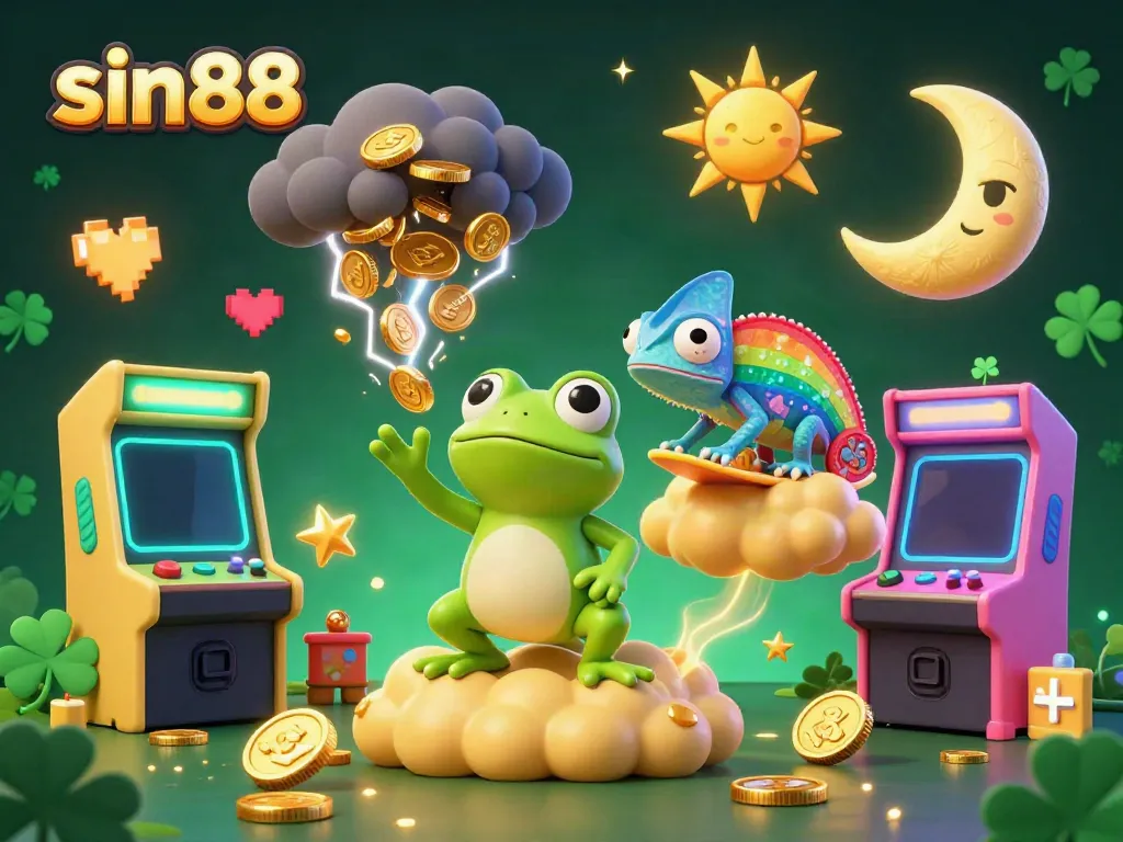 Play casino games with sin88, featuring a frog wizard creating a coin storm among vibrant gaming elements.