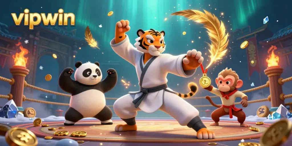 Join the festive atmosphere at vipwin with dynamic characters in a vibrant casino scene.