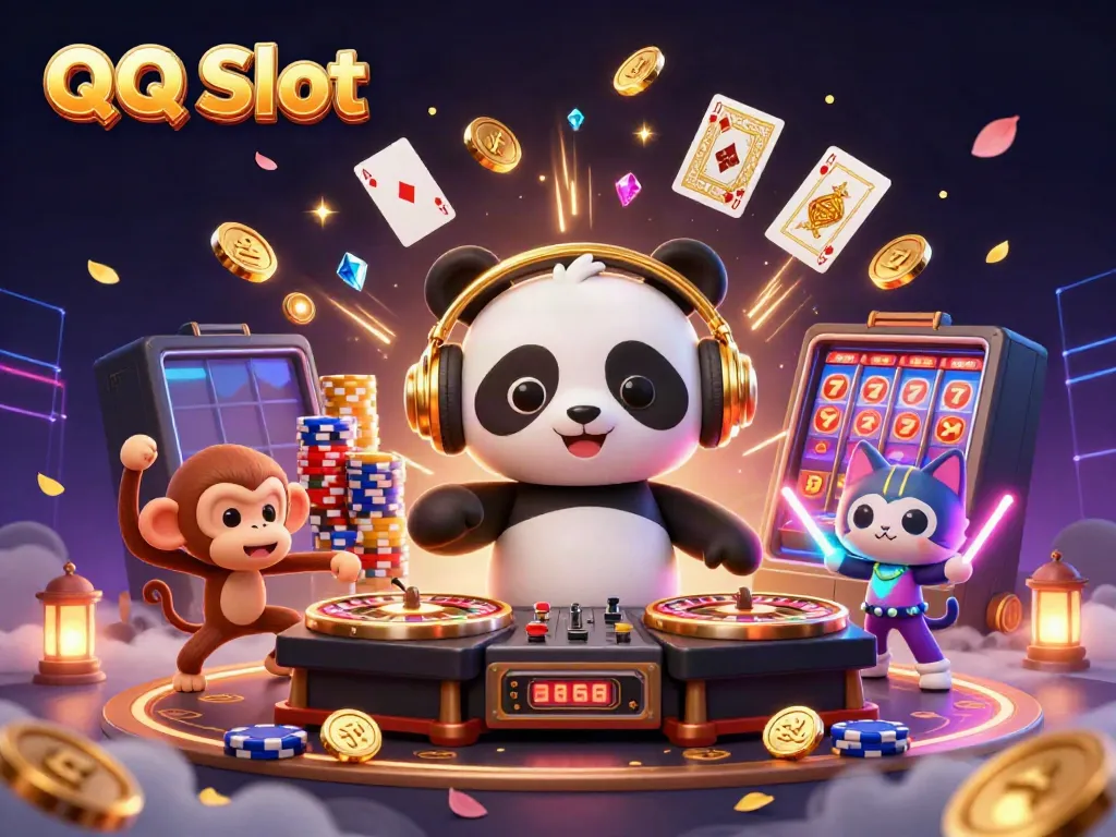 Engage with QQ Slot as a DJ panda spins, while a monkey dances amidst vibrant gold coins and poker chips.