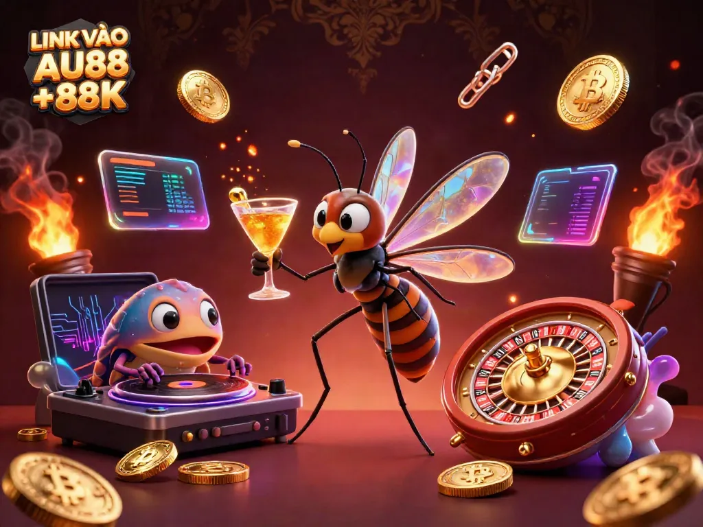 Experience the excitement of LINK VÀO AU88 +88K with a 3D cartoon frozen-in-amber mosquito and casino elements.