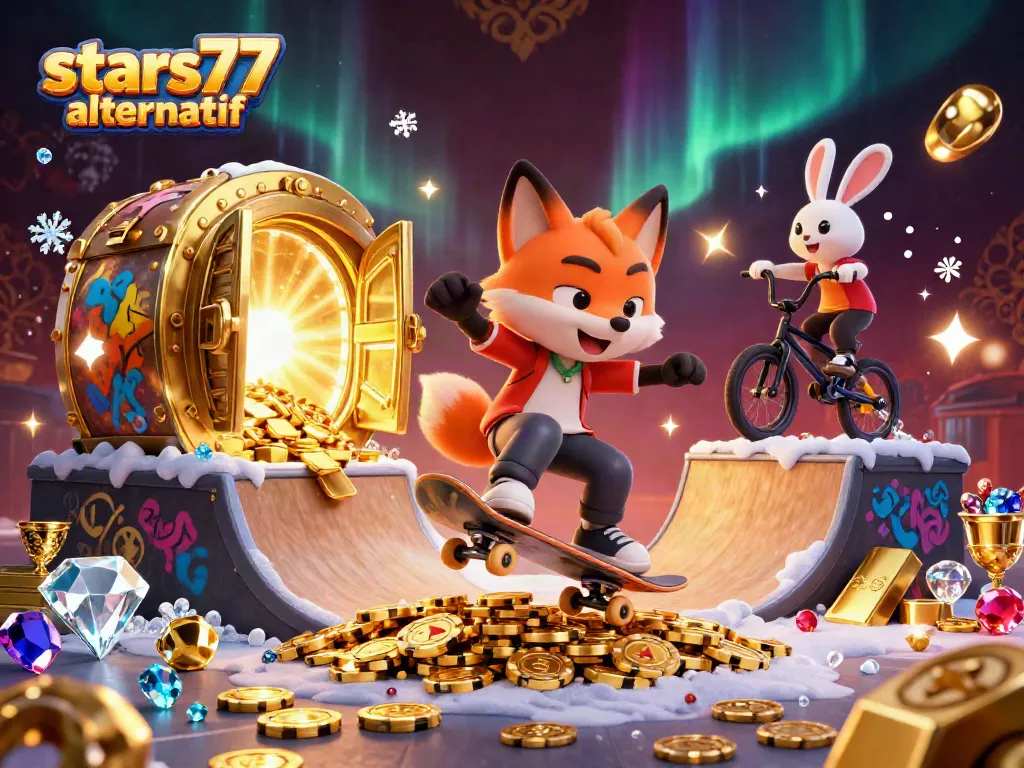 Karakter 3D petualang skateboard rubah dengan ramp chip poker, simbol permainan kasino, stars77 alternatif