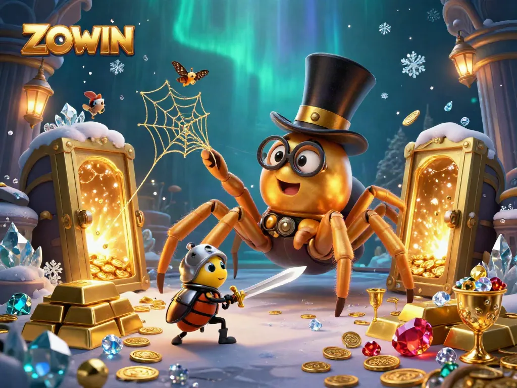 Experience the thrill of ZOWIN with a dynamic 3D casino scene filled with golden treasures and adventurous characters.