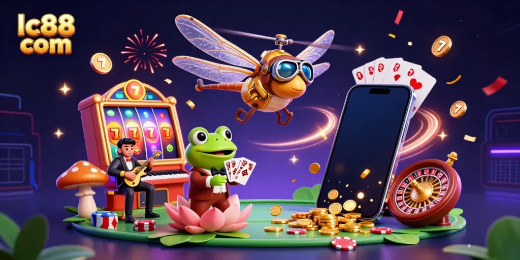 Engage with the thrilling atmosphere of lc88 com featuring vibrant slot games, festive characters, and casino excitement.