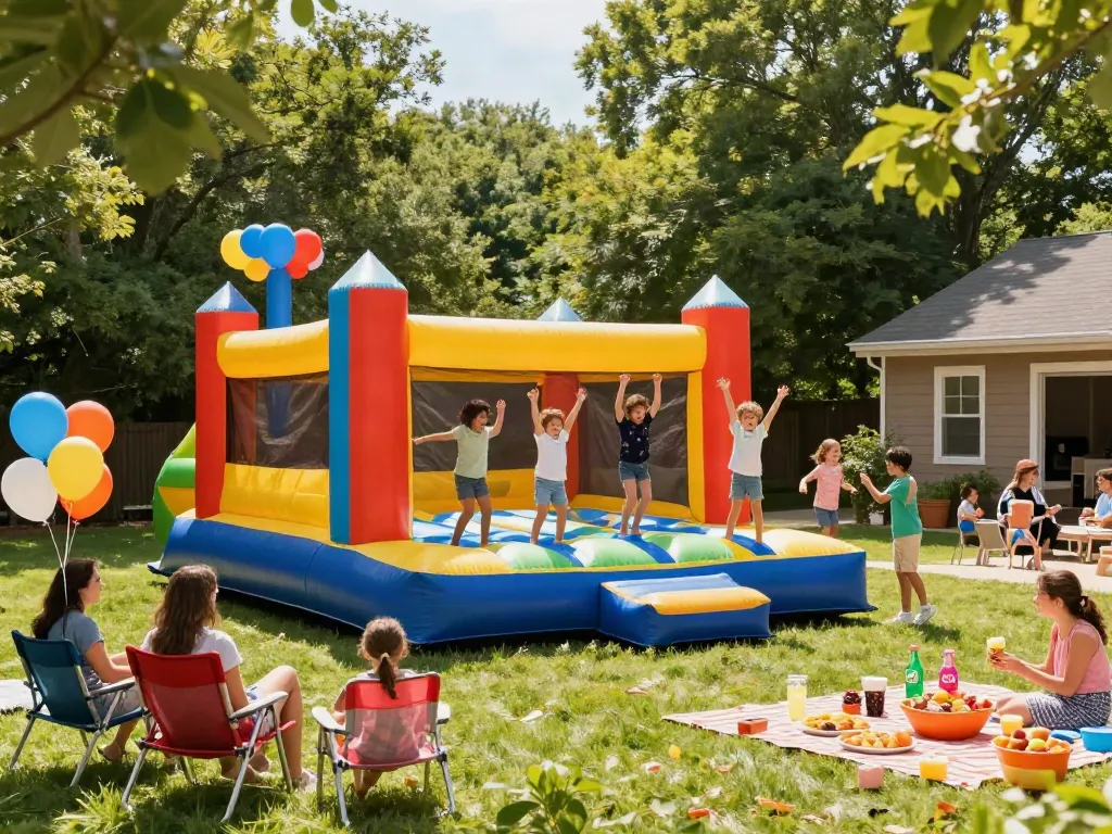 Bounce house fun with children playing joyfully at an outdoor party.