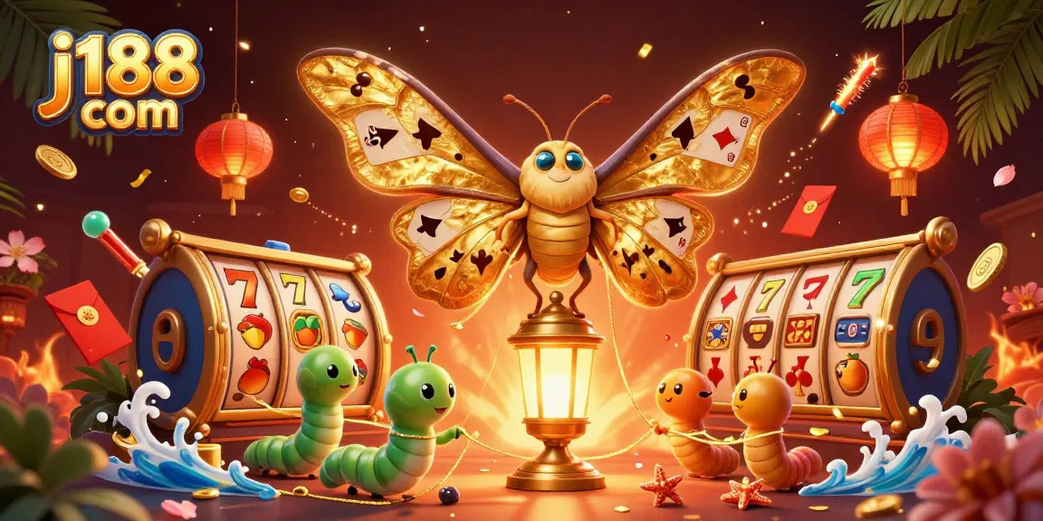 Engage with j188 com's vibrant gaming world where the golden moth oversees thrilling slot action.