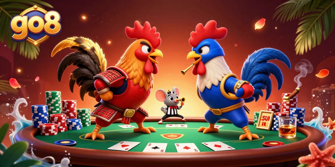 Engage in a thrilling duel between go8's fighting roosters amidst dynamic casino elements.