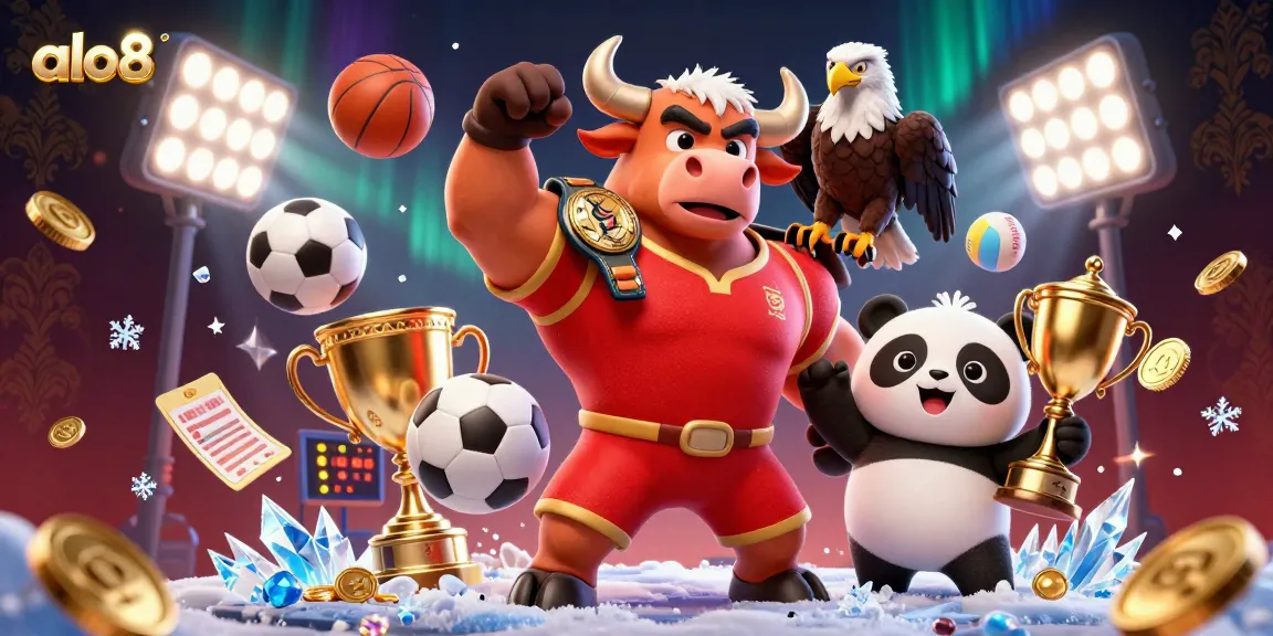 Join the excitement at alo8 as a victory-driven bull mascot celebrates, surrounded by dynamic betting symbols and sports elements.
