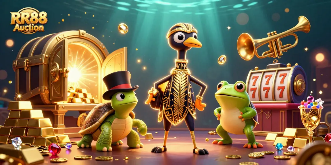 Experience the excitement of RR88 Auction with vibrant casino characters amidst golden treasures and slot reels.