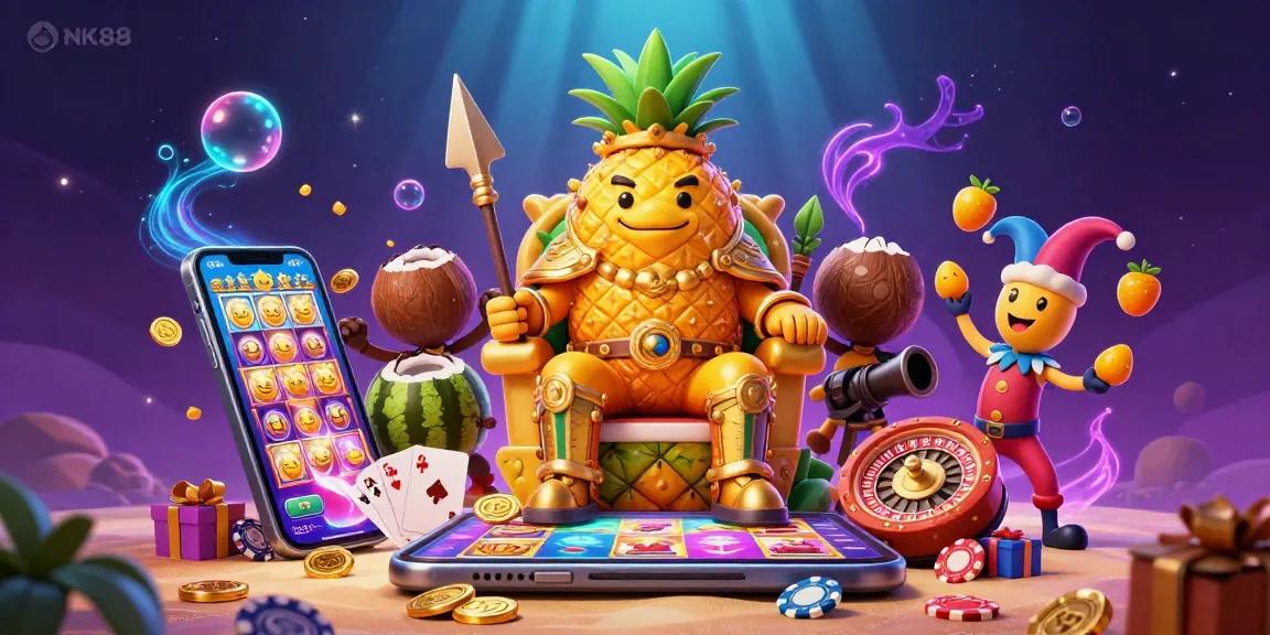 Play and win big at NK88 with vibrant 3D casino action featuring games, colorful coins, and thrilling characters.