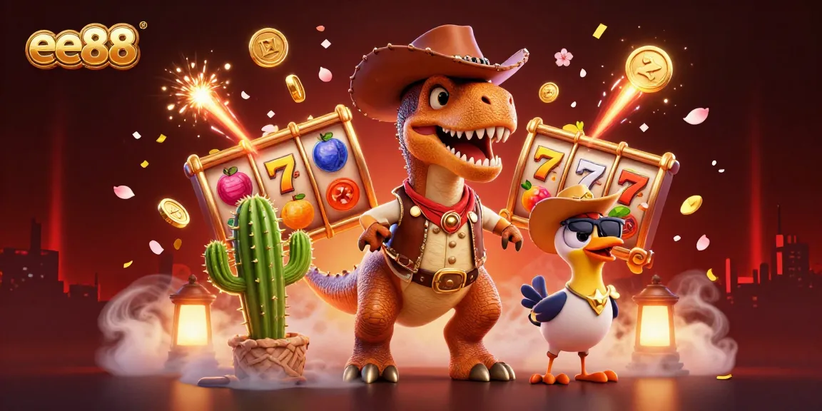 Engage in thrilling gameplay at ee88 with a lively scene featuring a cartoon dinosaur and casino elements.