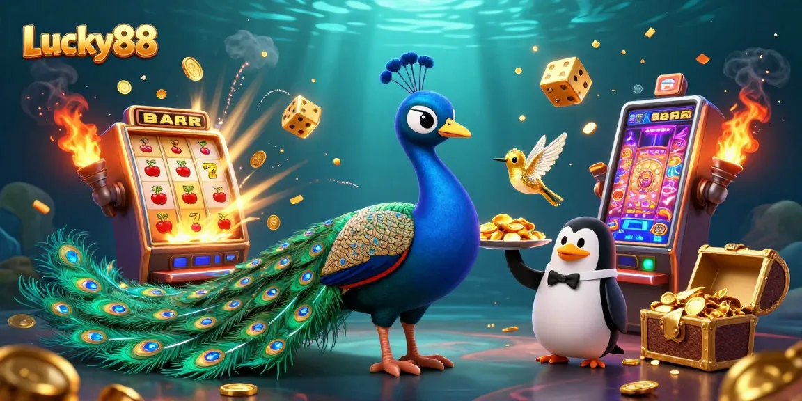 Win big with Lucky88 as a peacock celebrates alongside a butler penguin and hummingbird in a colorful casino explosion.