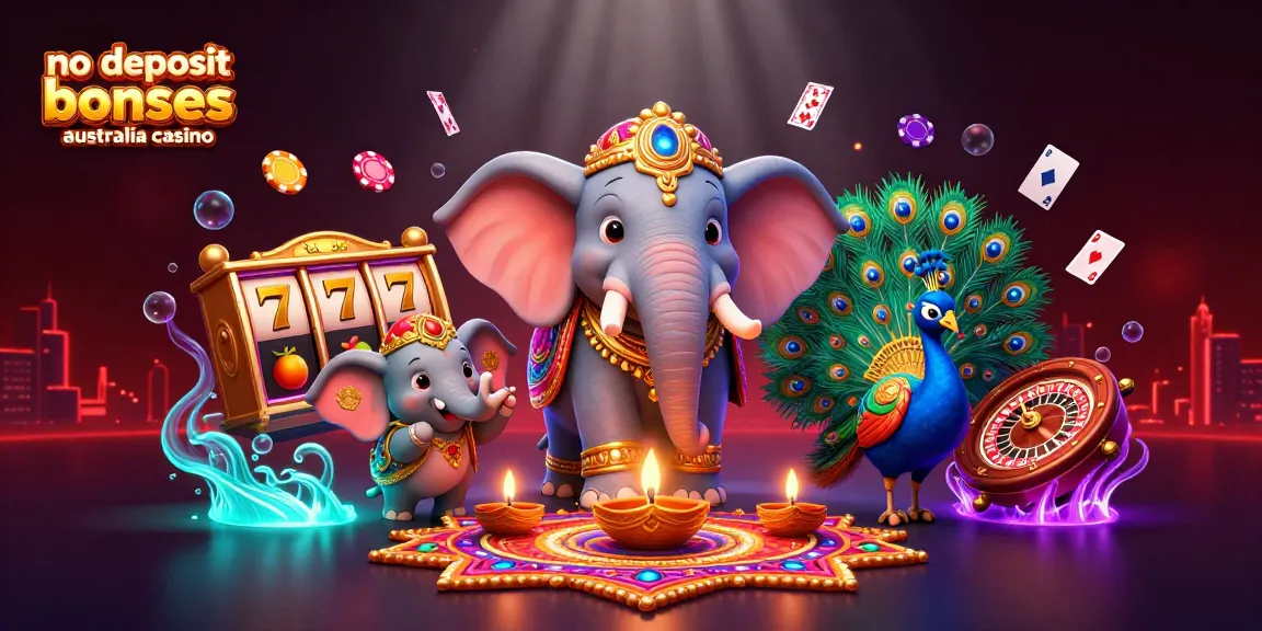 No deposit bonuses Australia casino offers an exciting 3D illustration with vibrant casino elements and characters.