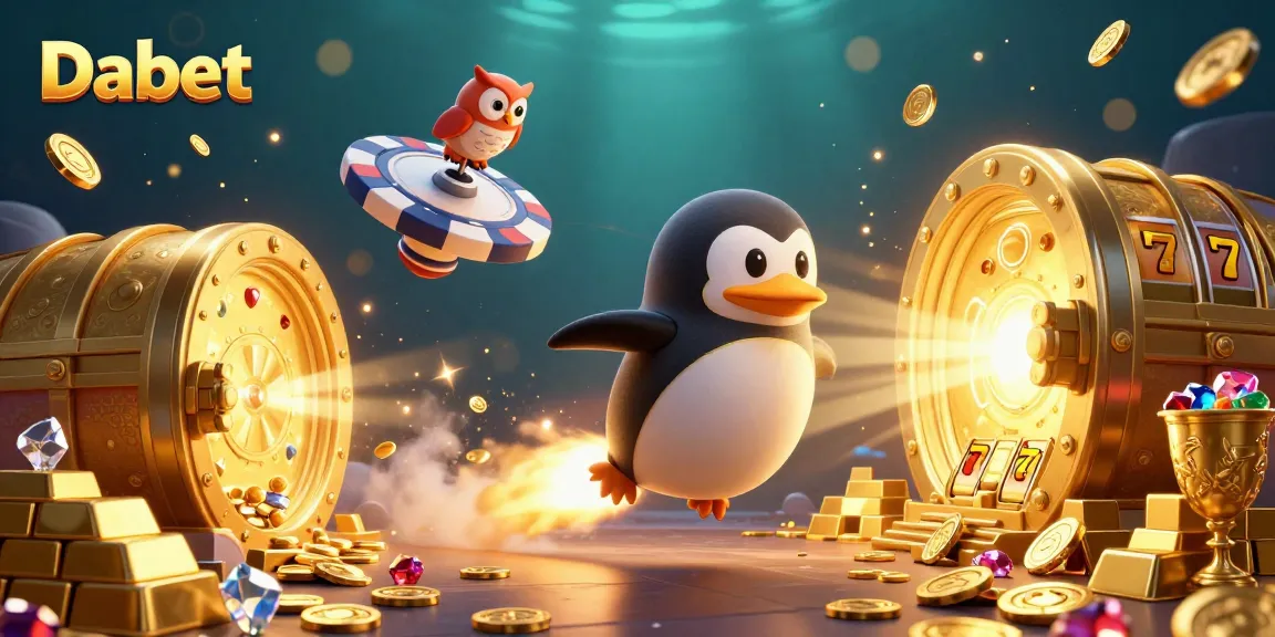 Dabet's engaging illustration of a penguin soaring toward a casino chip while scattering coins and jewels.