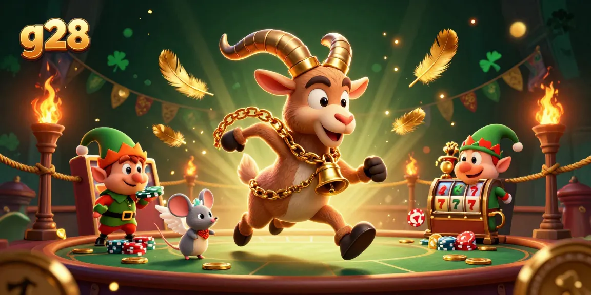 g28 holiday-horror casino scene with Krampus, angel mouse, and elf gremlins enriching the festive gaming action