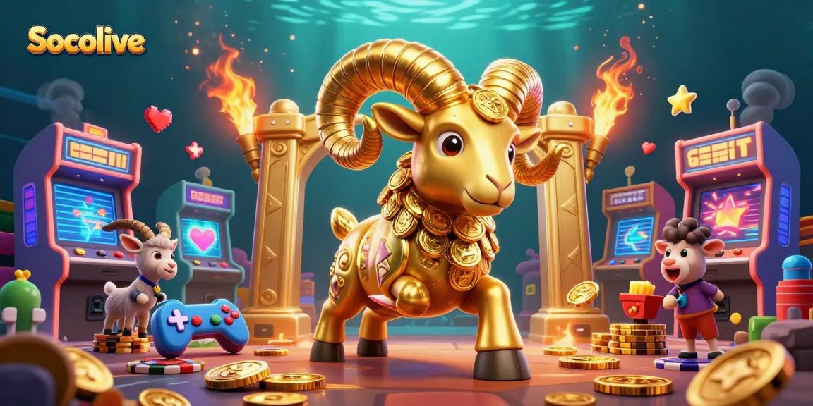Socolive features a golden ram charging at a golden gate amid fun casino-themed elements.