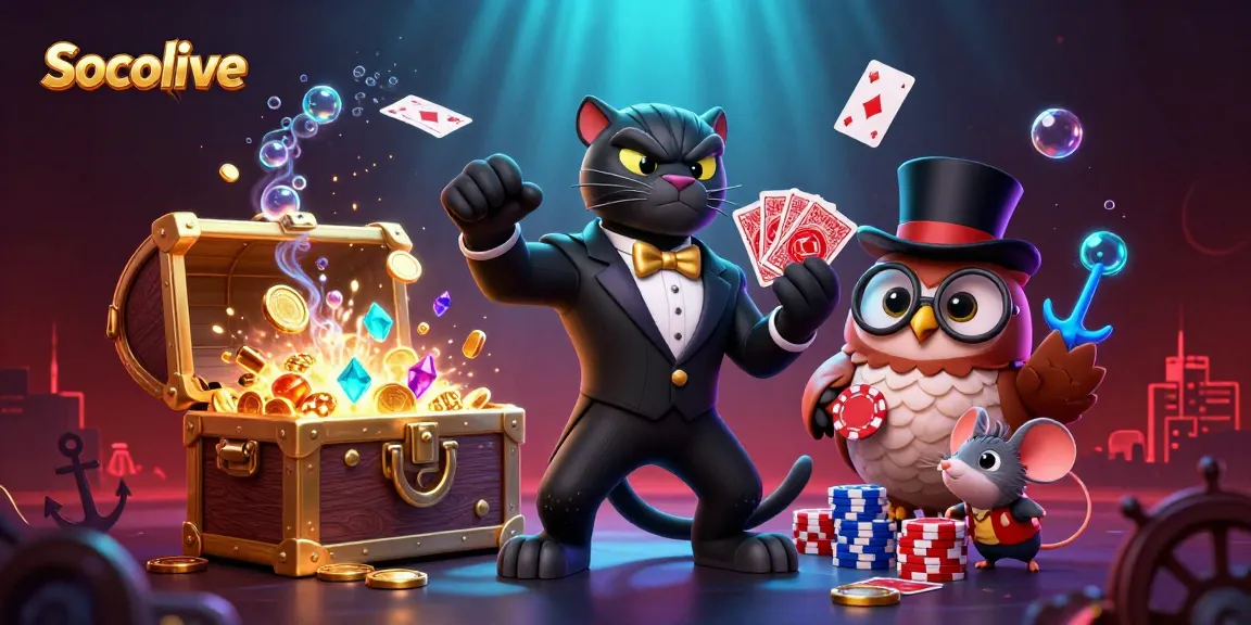 Socolive features a stylish panther dealer amidst a vibrant casino scene, highlighting card games and excitement.