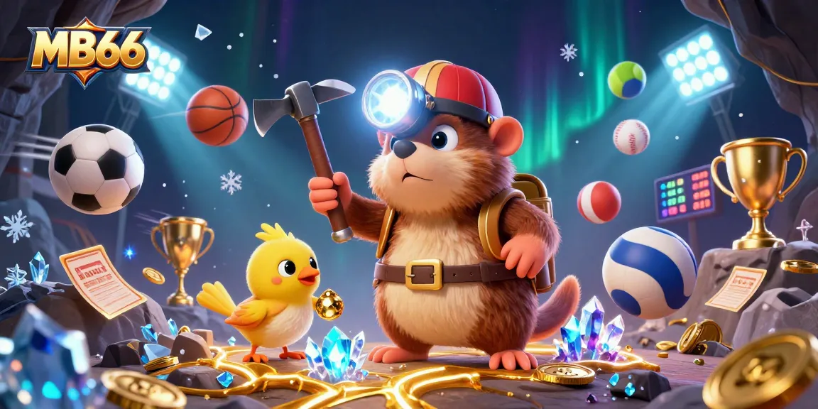 Engage with MB66, a vibrant casino scene featuring a treasure hunter and dynamic sports elements.