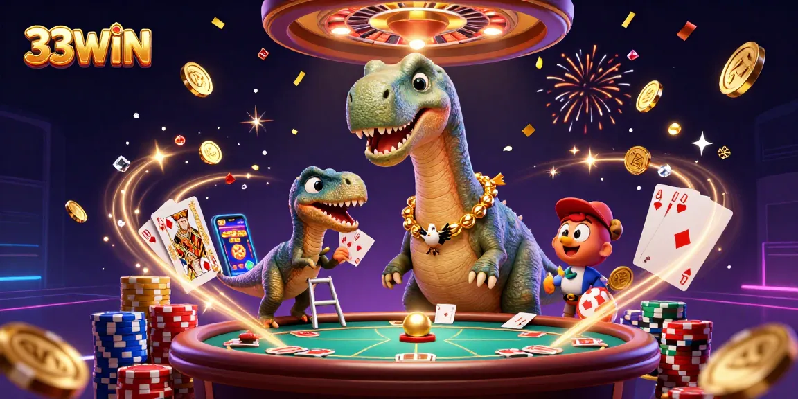 Experience the thrilling casino world of 33WIN with vibrant elements and dynamic characters.