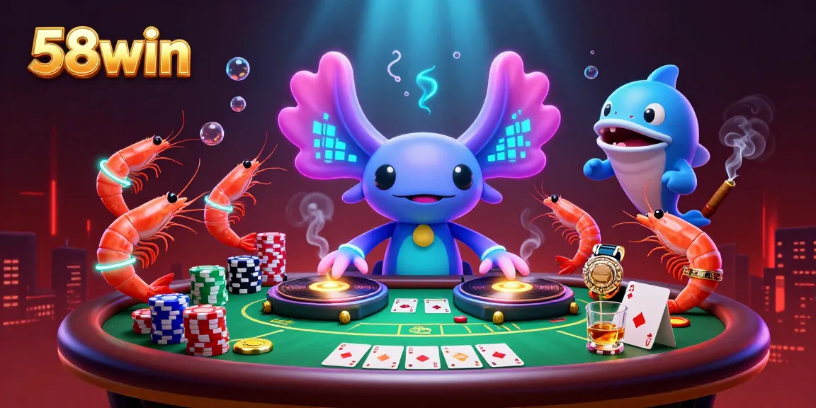 Experience the electrifying atmosphere of 58win with a neon axolotl DJ and vibrant casino elements.