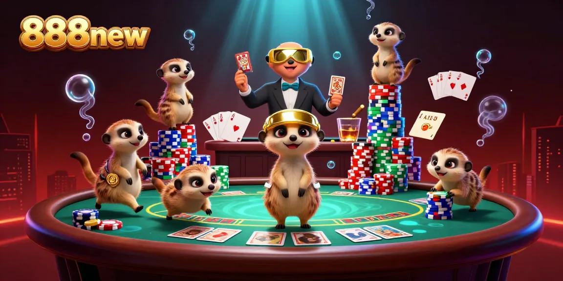 Experience excitement at 888new with lively meerkats running a casino, showcasing poker and vibrant game elements.