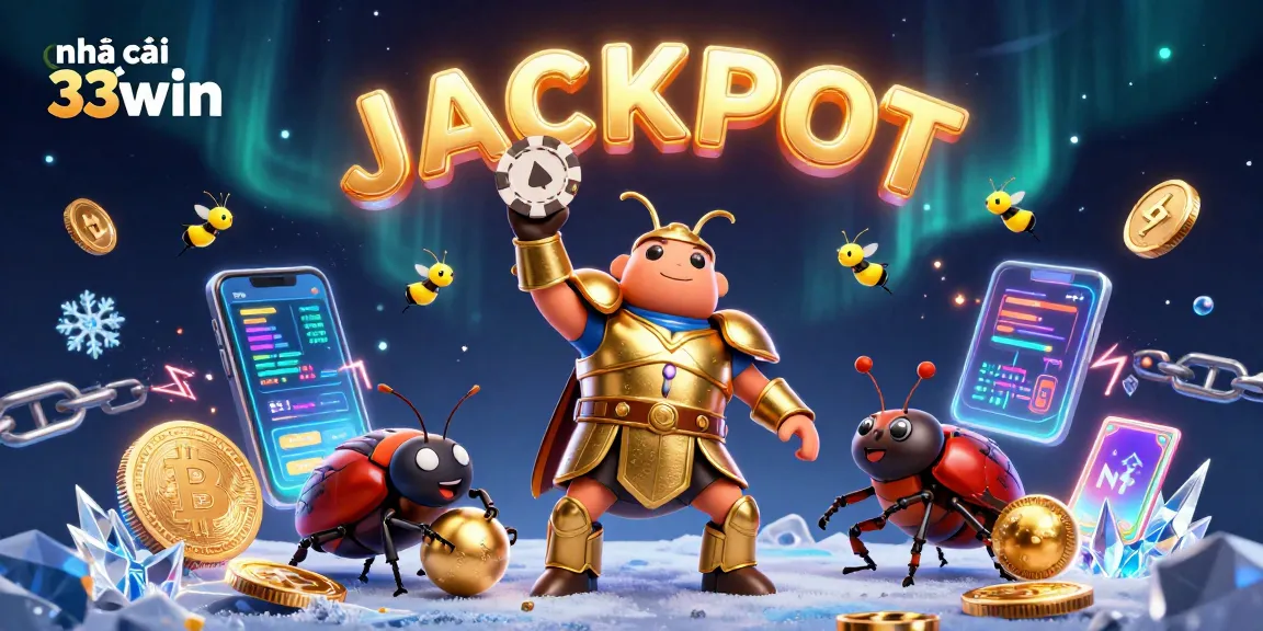 Win big with nhà cái 33win in this lively 3D illustration showcasing a beetle hero in a vibrant casino scene.
