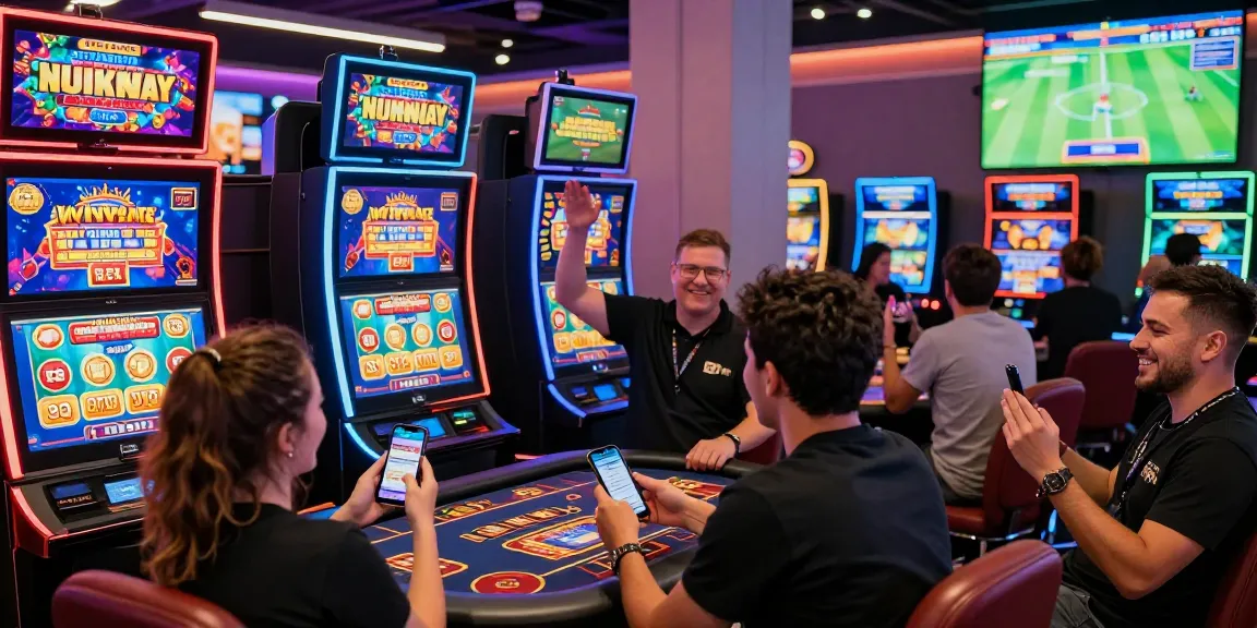Players celebrating wins at lively casinos not on gamstop, surrounded by colorful machines and live games.