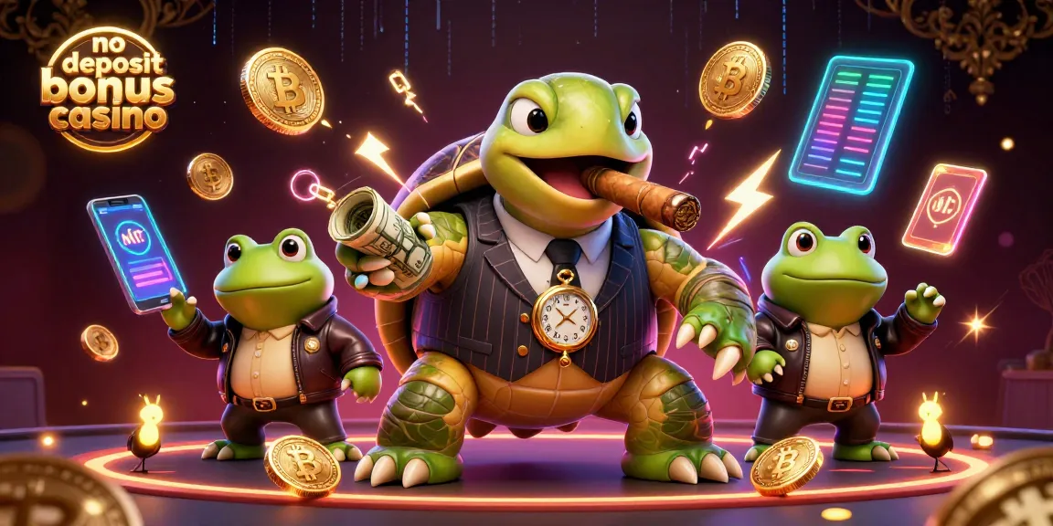 No deposit bonus casino showcases a vibrant 3D scene with a snapping turtle gangster and bullfrog enforcers amidst crypto coins and casino lights.