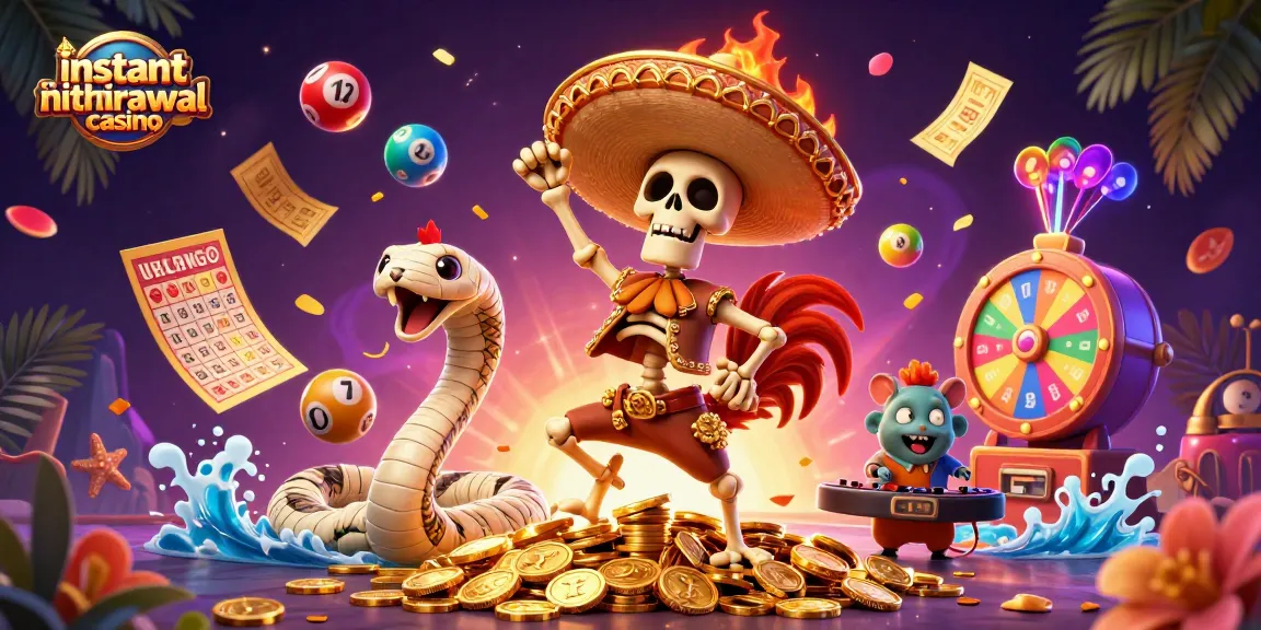 Experience the excitement of an instant withdrawal casino with a festive scene of characters celebrating winnings amidst colorful game elements.