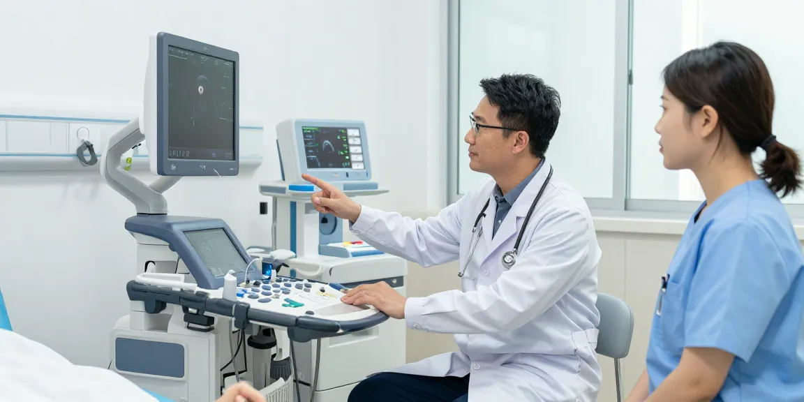 Healthcare professionals evaluating medical equipment in a bright clinical setting.