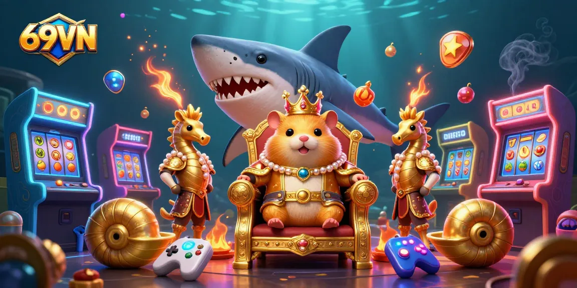 Experience thrilling gameplay with 69VN's vibrant casino scene featuring a golden hamster king and colorful slot machines.