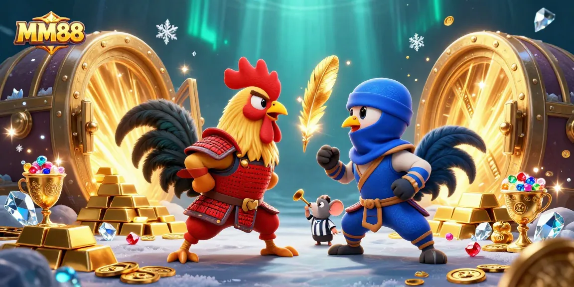 Experience thrilling action at MM88 with dynamic fighting roosters amidst a treasure-filled casino scene.
