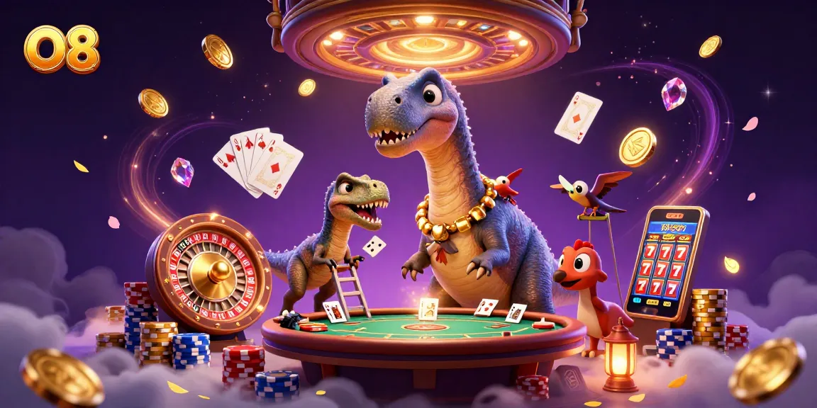 Experience thrilling moments at O8 with a dynamic 3D casino scene featuring exciting game elements and characters.