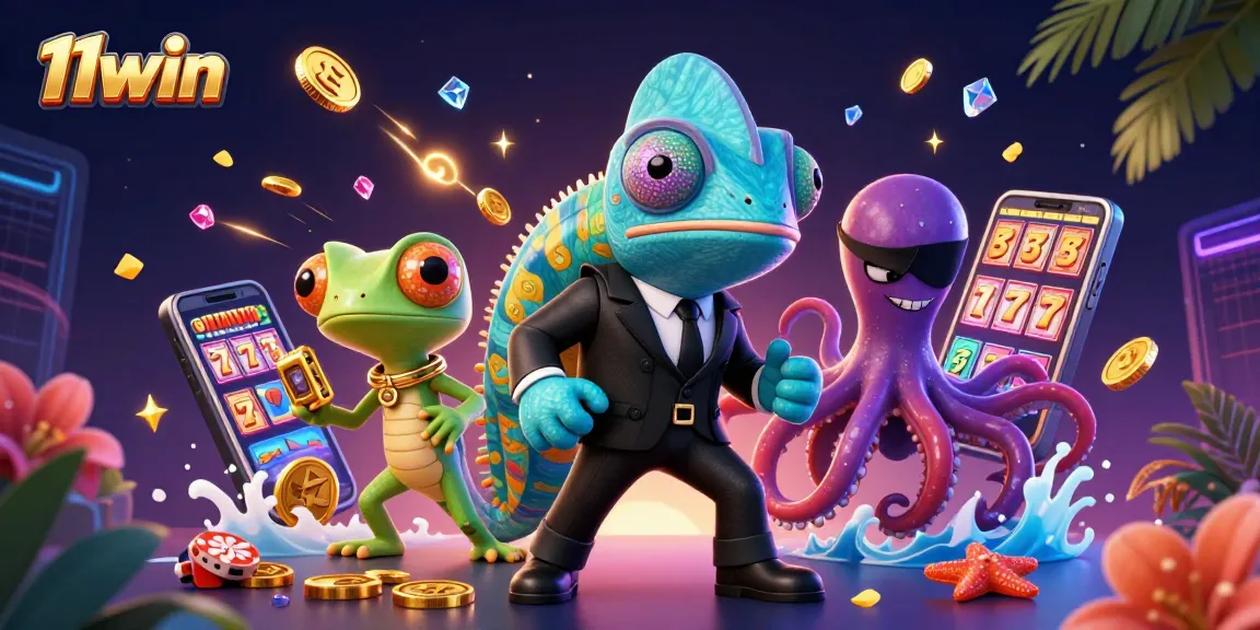 Experience thrilling gaming with 11win's vibrant secret agent scene of chameleons and slot machines.