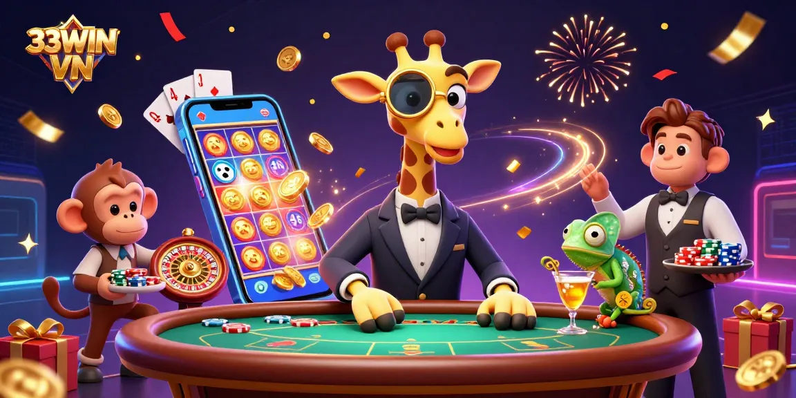 Experience thrilling gaming at 33WIN VN with a high-roller giraffe amidst vibrant casino elements.